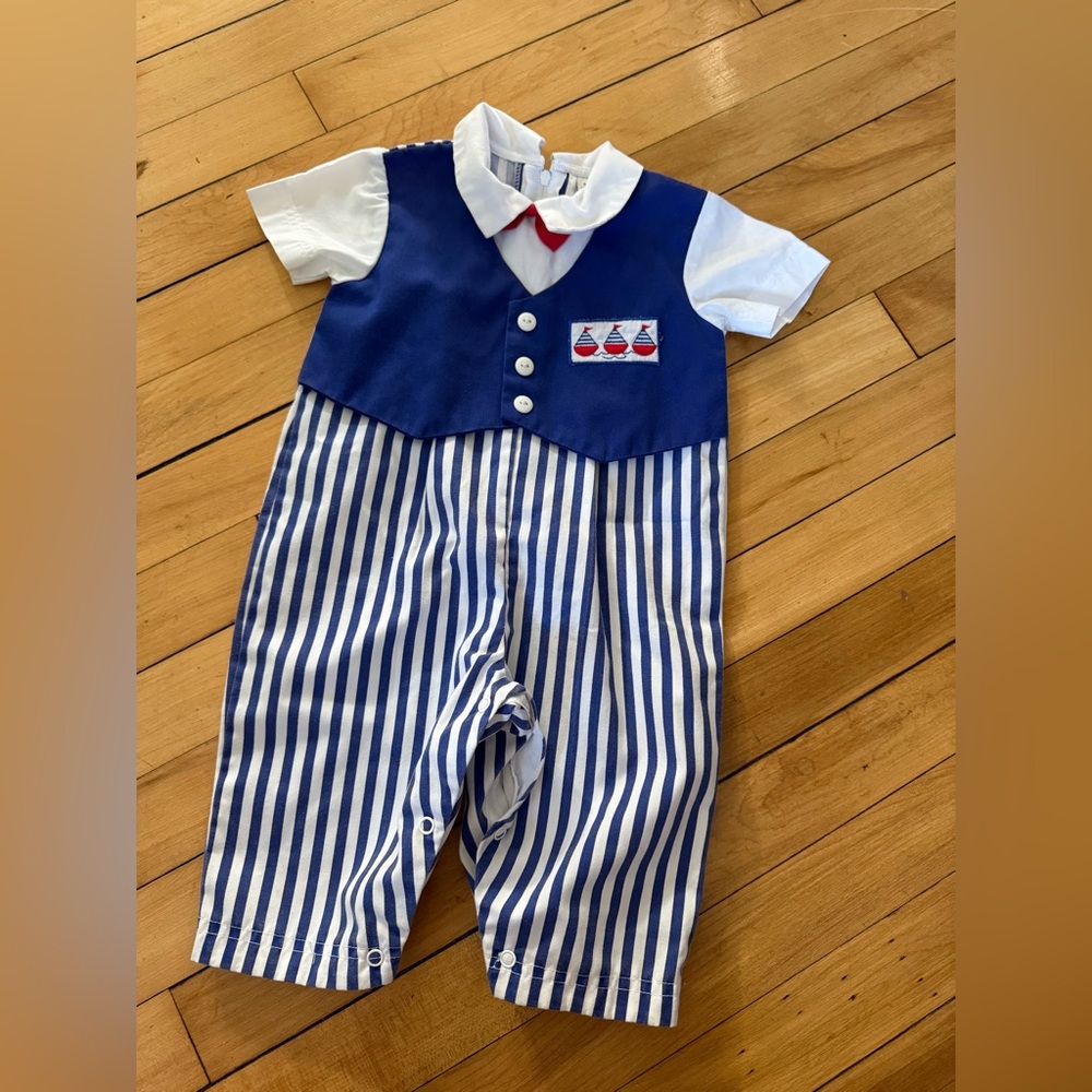 Vintage little boys one piece sailboat print pinstripe blue and white
